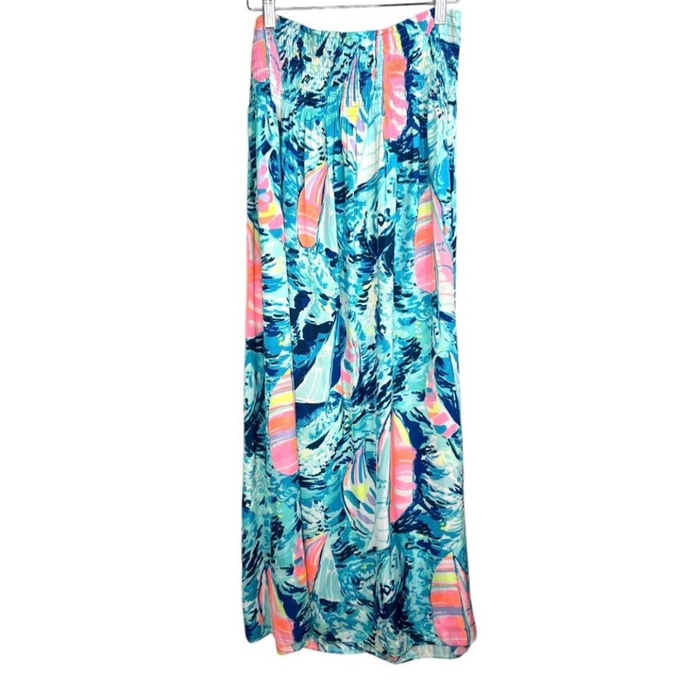 Lilly Pulitzer Maxi Skirt Women's Size M Blue Multi Sailboat Print Smocked Waist